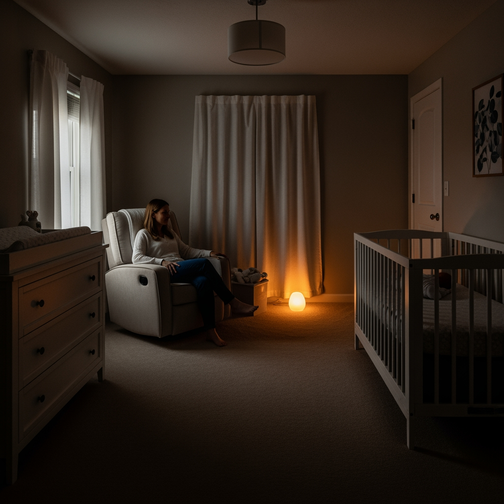 In a dim nursery, a parent sits calmly in a chair, providing a reassuring presence as their baby settles to sleep in a crib.