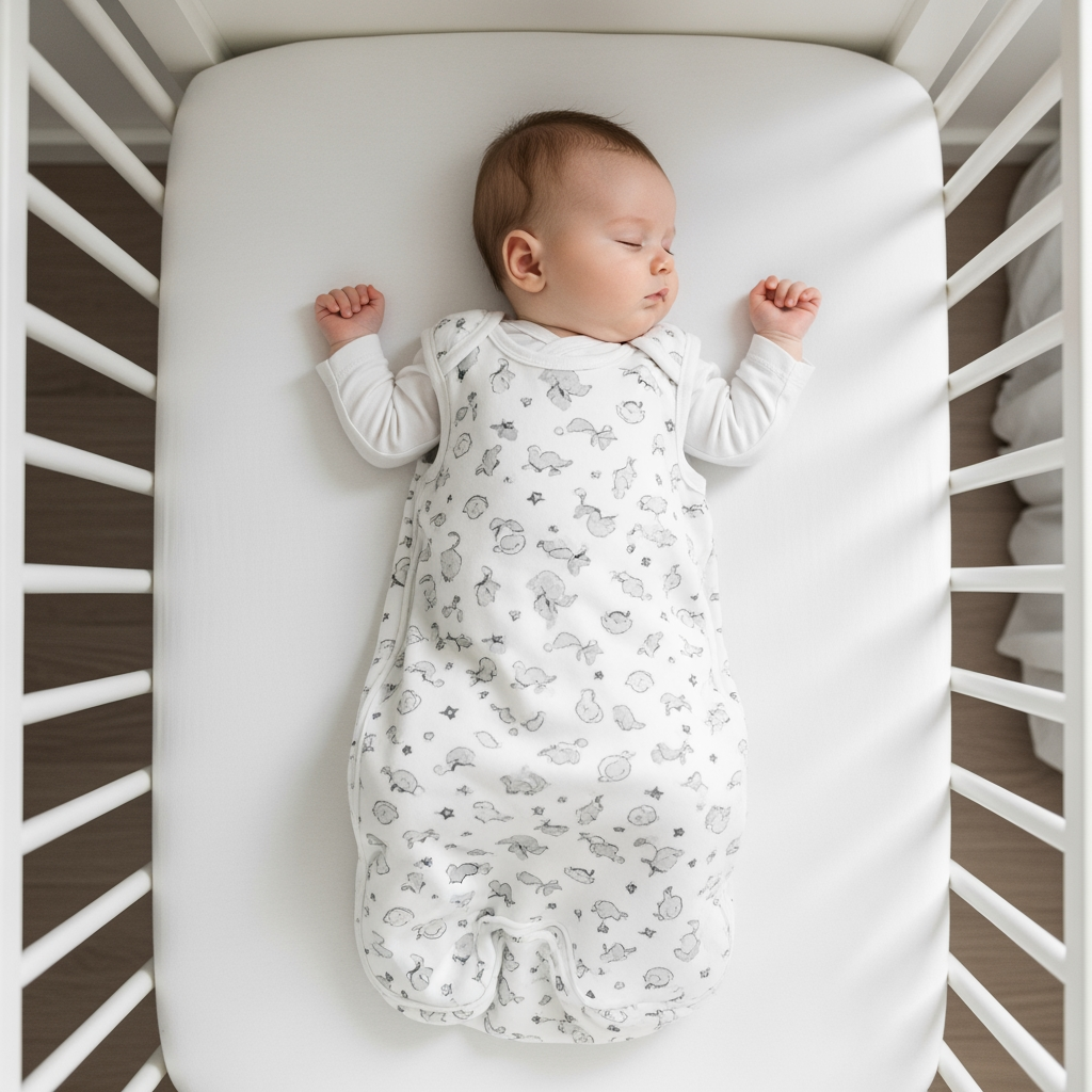 Overhead view of a baby sleeping peacefully in a crib while wearing a sleep sack.