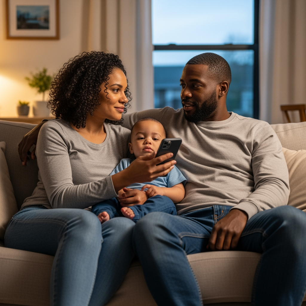 Two parents discuss calmly on a sofa in the evening, symbolizing the process of finding the right sleep app for their family.