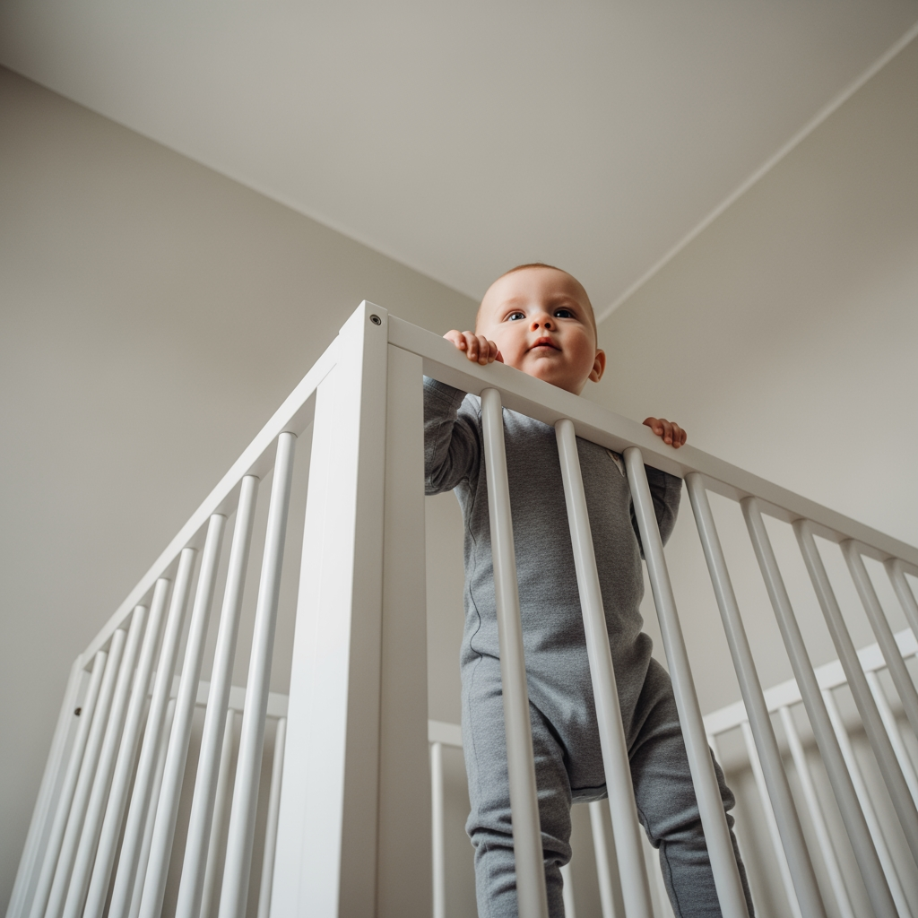 Viewed from a low angle, a baby practices pulling up to stand for the first time in their crib.