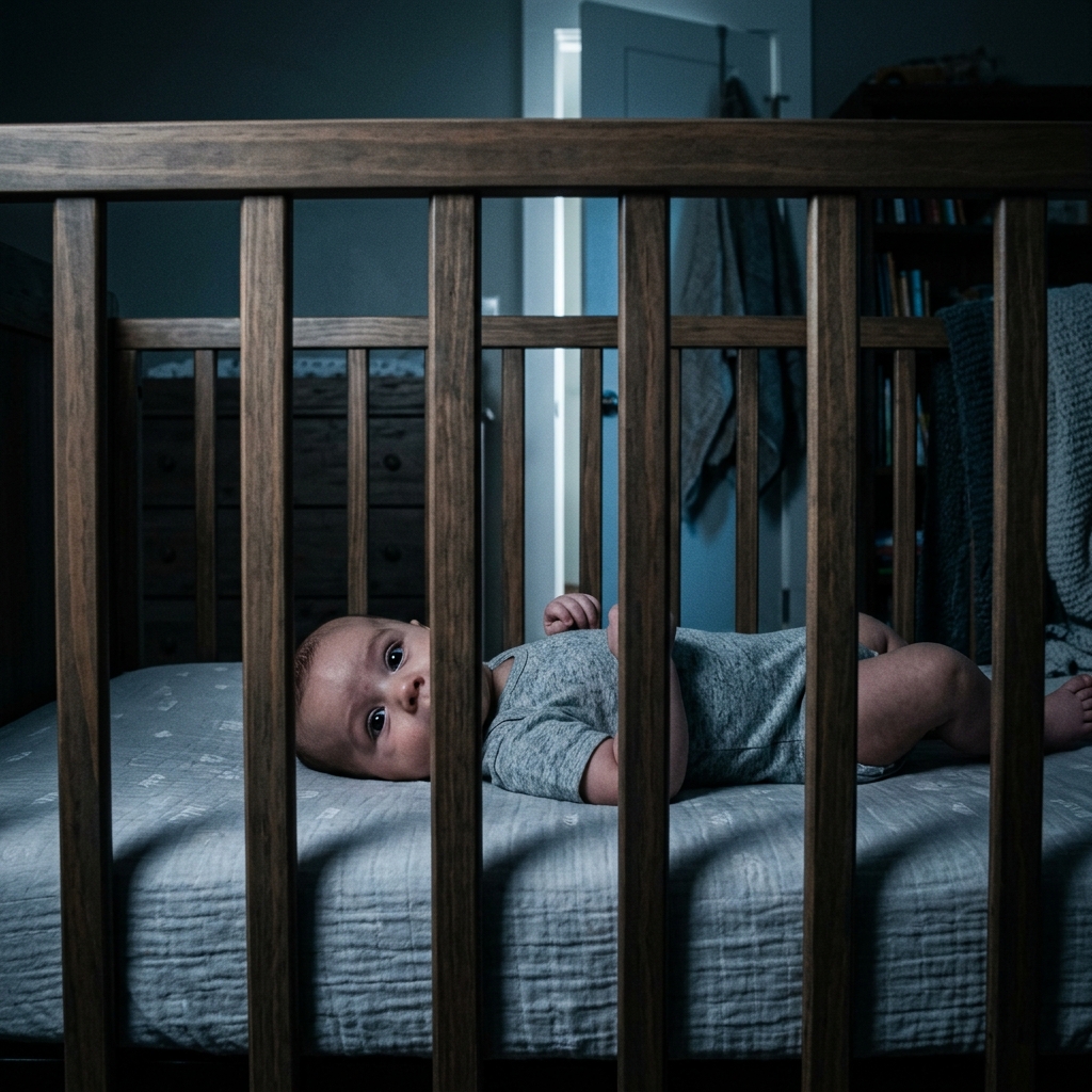 A baby lies awake in a dark crib at night, viewed from the doorway, illustrating a sleep regression.