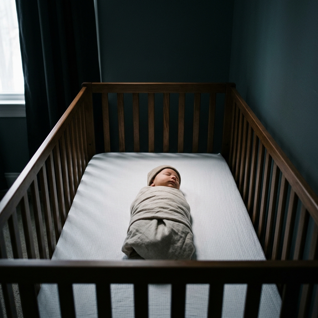 A baby sleeping peacefully and safely in a crib in a dark, quiet room, representing the successful outcome of a sleep program.