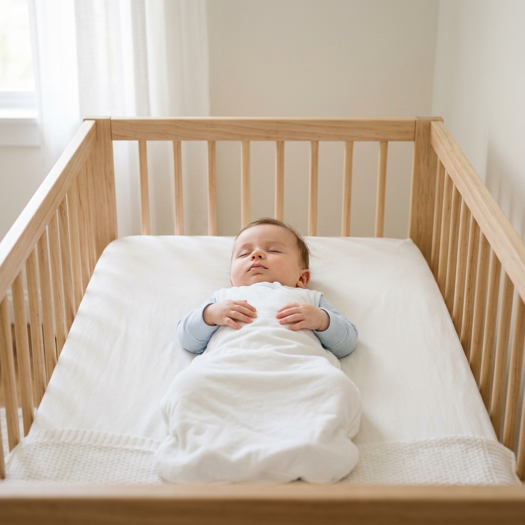 A baby sleeping soundly and peacefully in their crib, representing a positive and restful future for sleep.