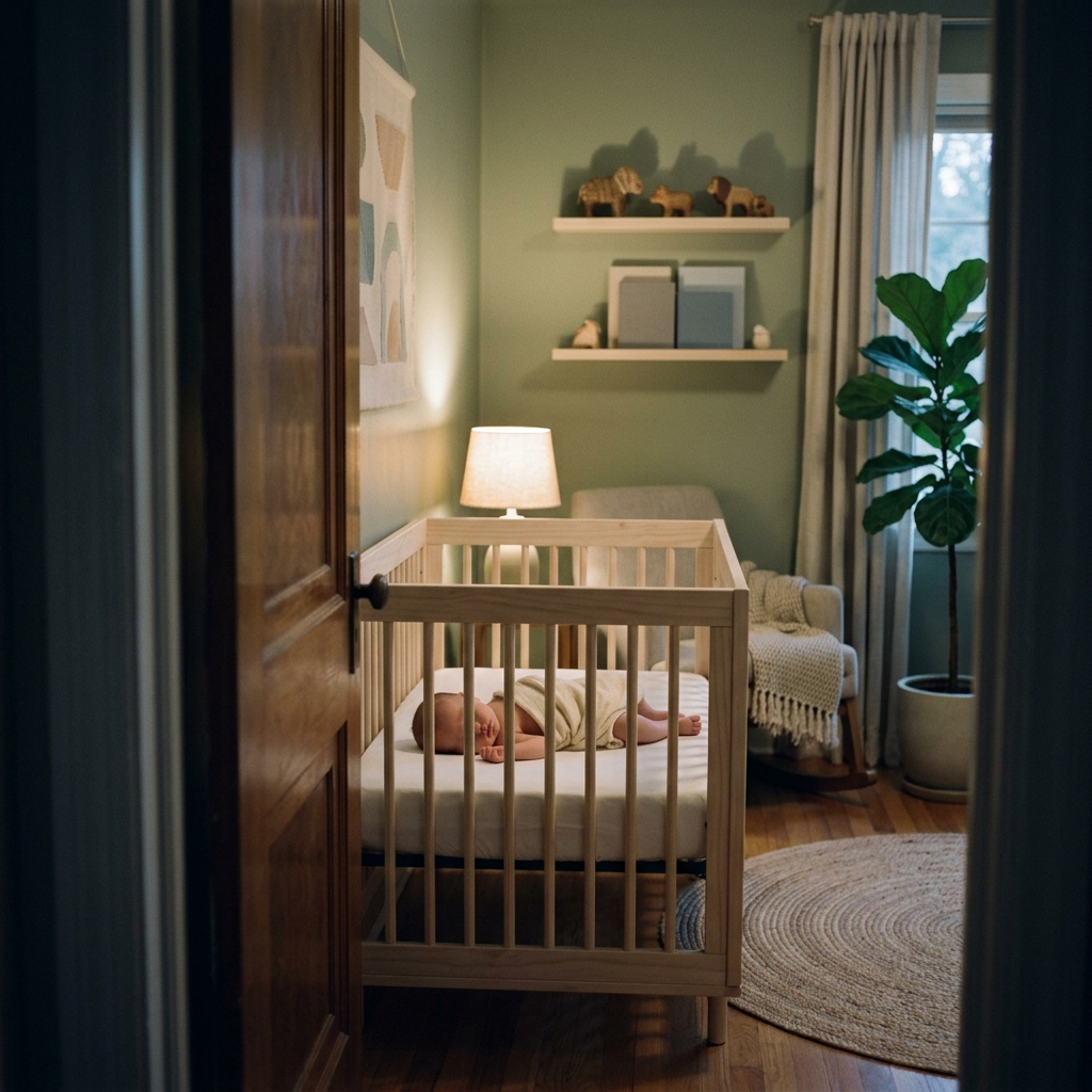 A baby sleeps peacefully alone in a crib, viewed from the doorway of a calm, quiet nursery.