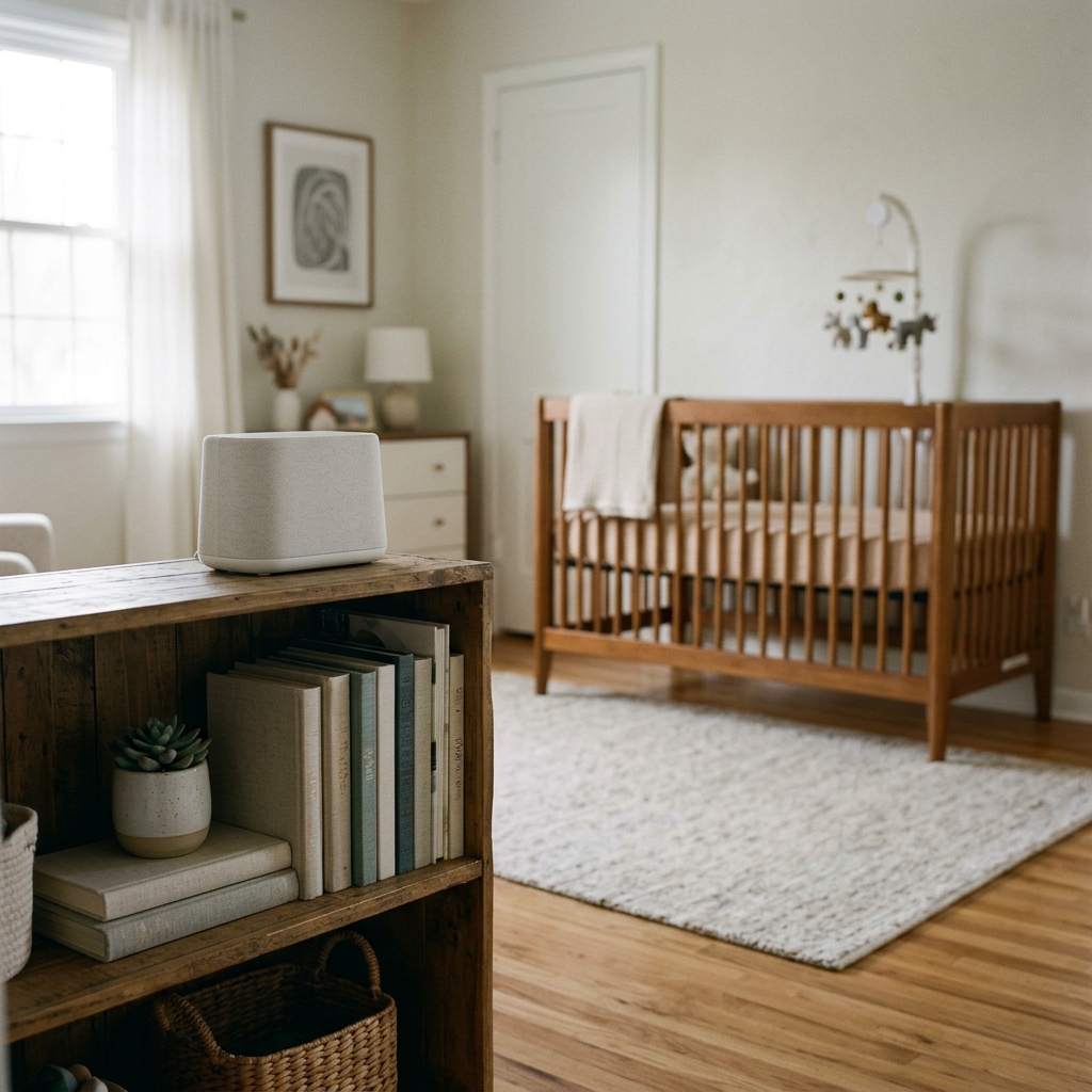 A baby sound machine placed on a shelf across the room from a crib to show safe distance.