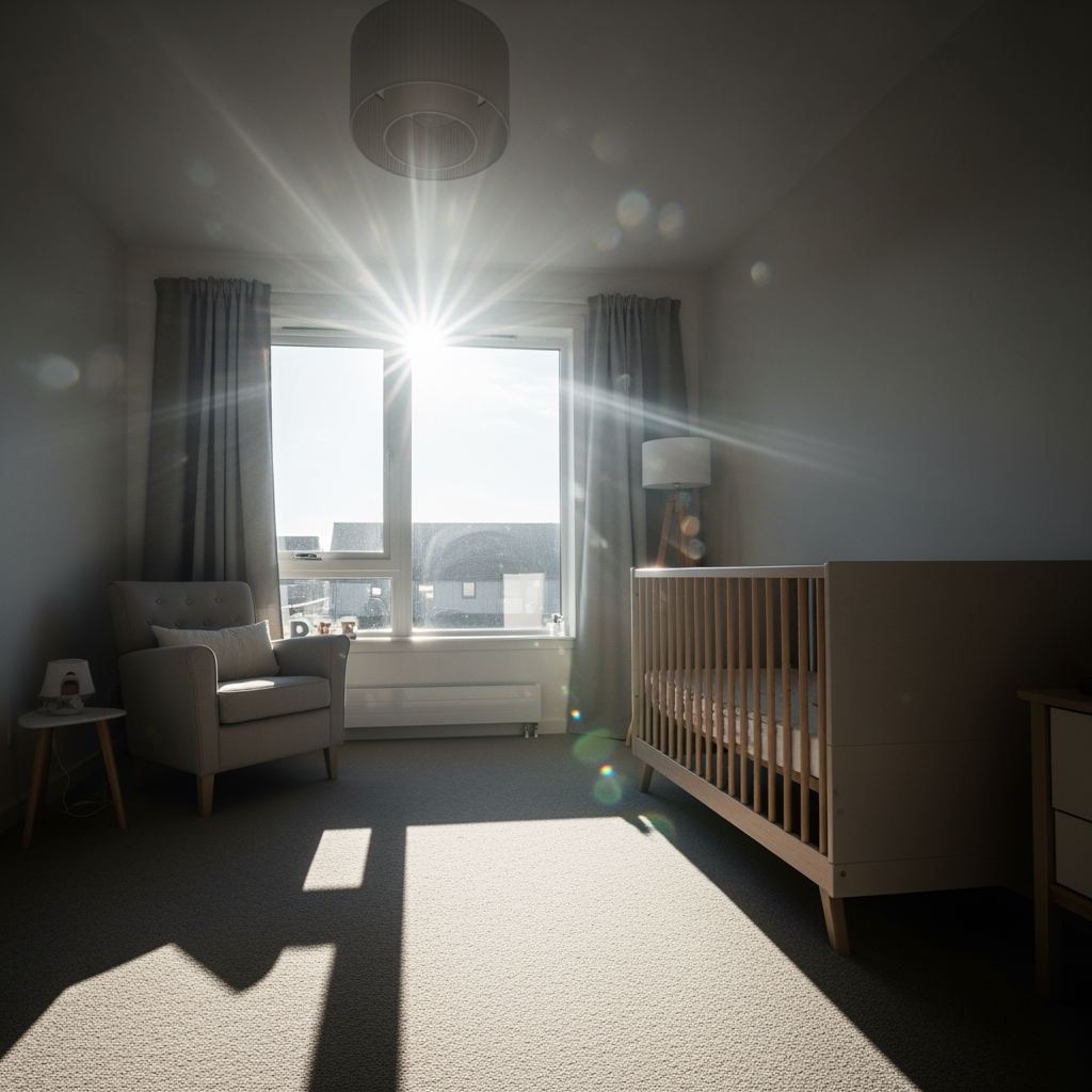 A bright, sun-drenched nursery with sunlight streaming through the window, illustrating the concept of daytime light for a baby's sleep cycle.