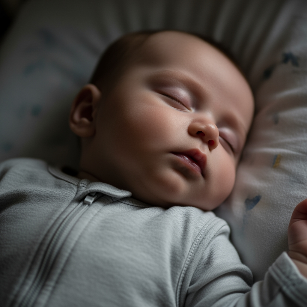 A close-up of a baby sleeping peacefully in a crib, representing the successful outcome of an age-appropriate sleep schedule.