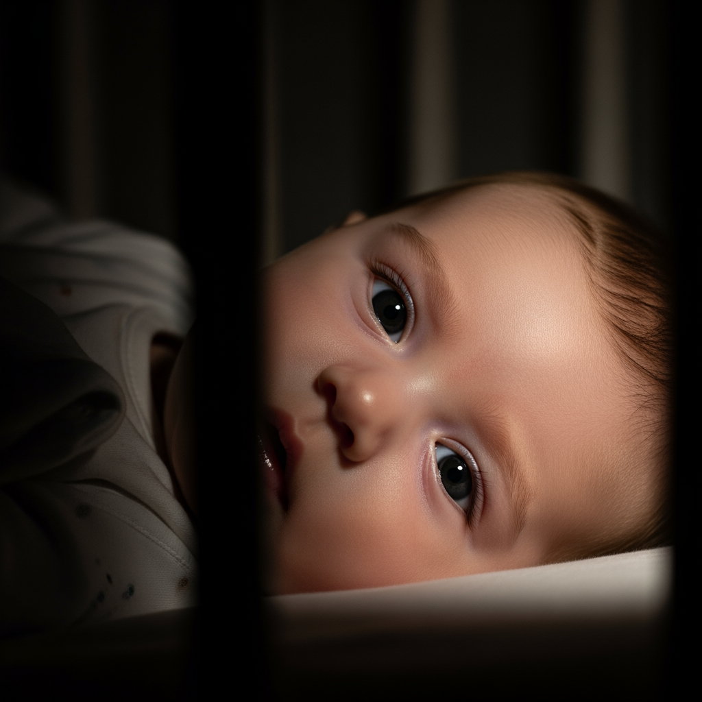 A close-up of a baby's face, with wide-open eyes, lying in a dark crib at night.
