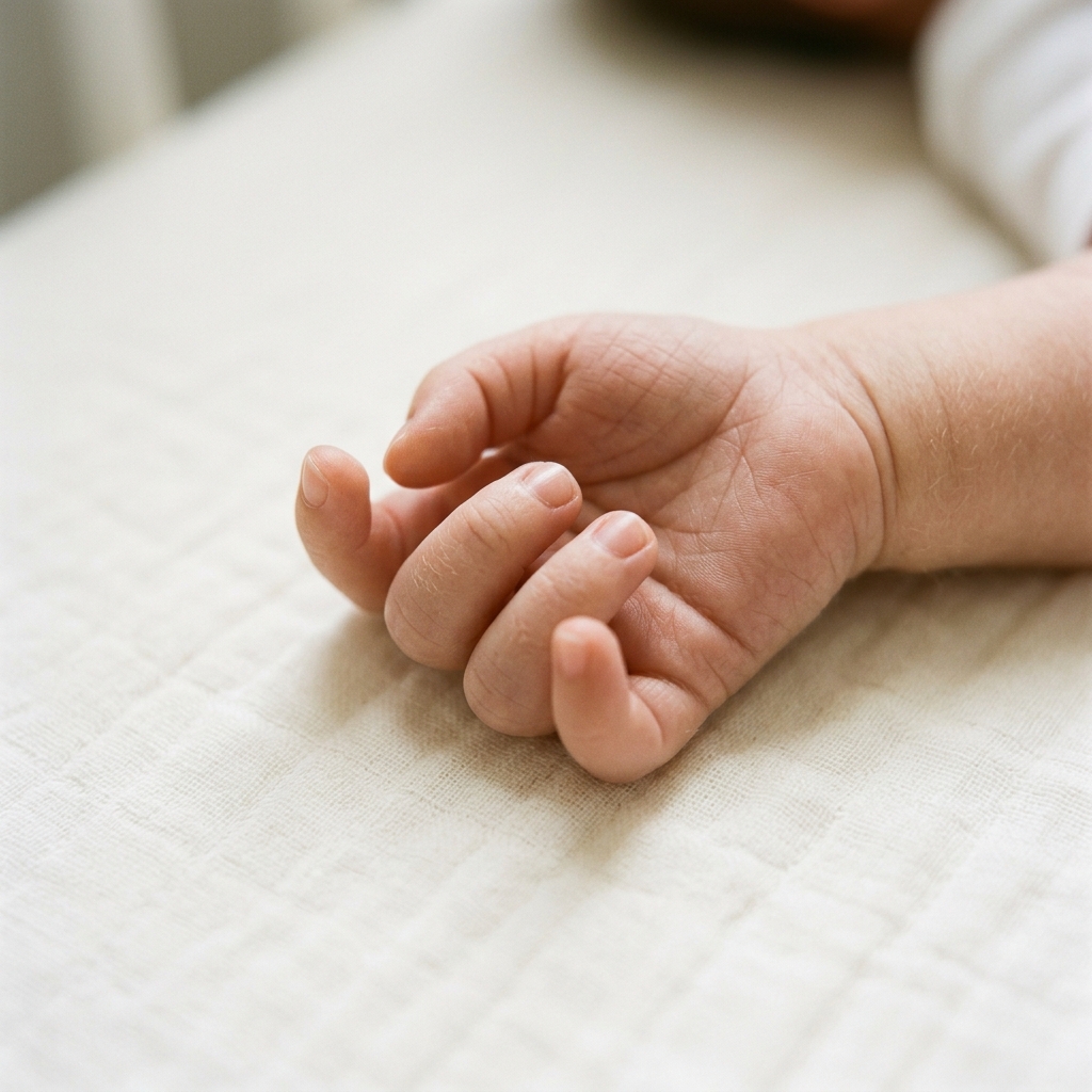 A close-up of a baby's relaxed hand on a crib sheet, suggesting a moment of quiet stirring.