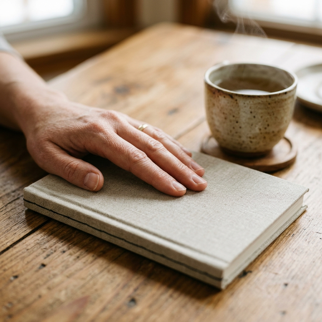 A close-up of a hand resting on a closed notebook on a wooden table, next to a warm cup of tea.