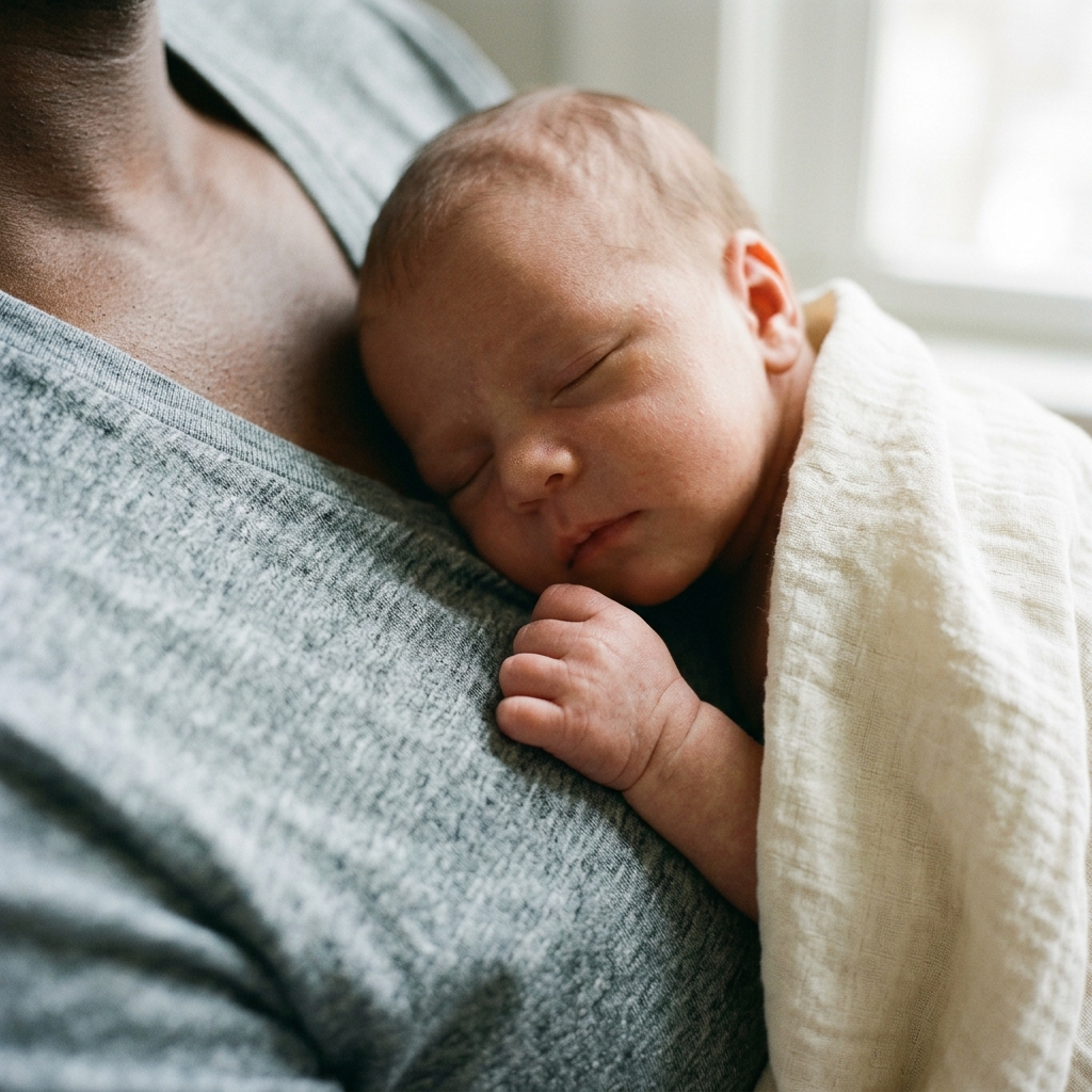 A close-up of a newborn baby sleeping soundly on its parent's chest.