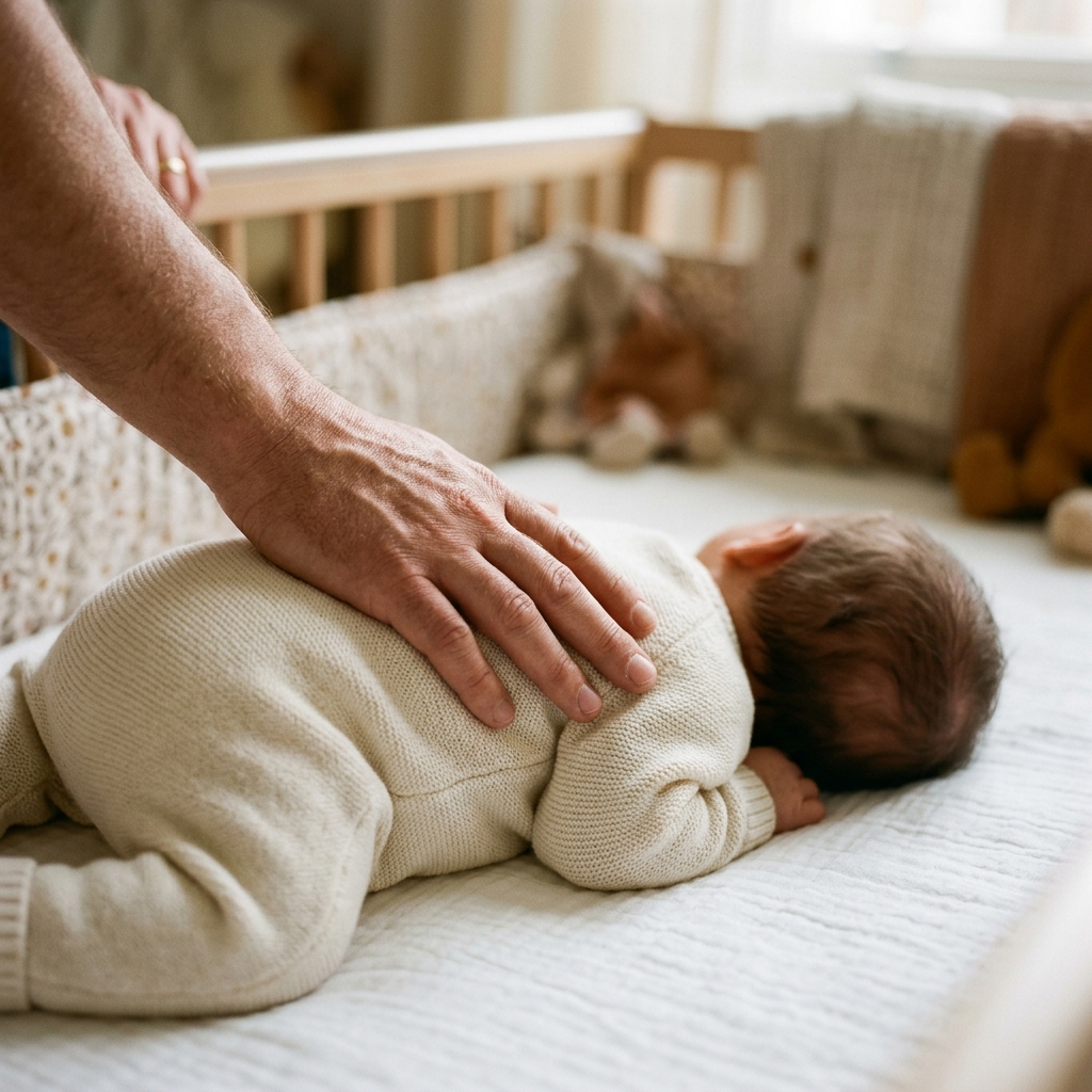 A close-up of a parent's hand resting gently on a baby's back in a crib.