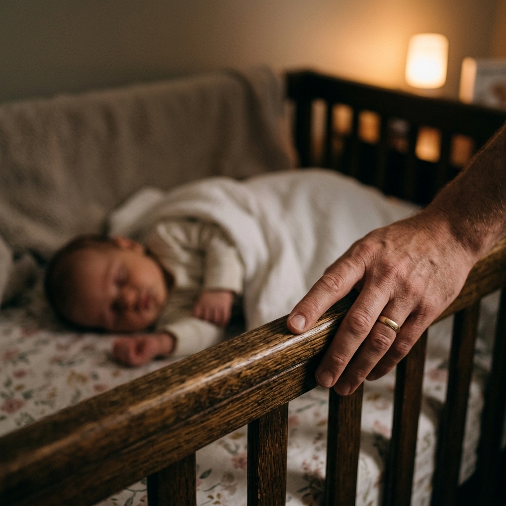 A close-up of a parent's hand resting gently on the side of a baby's crib at night.