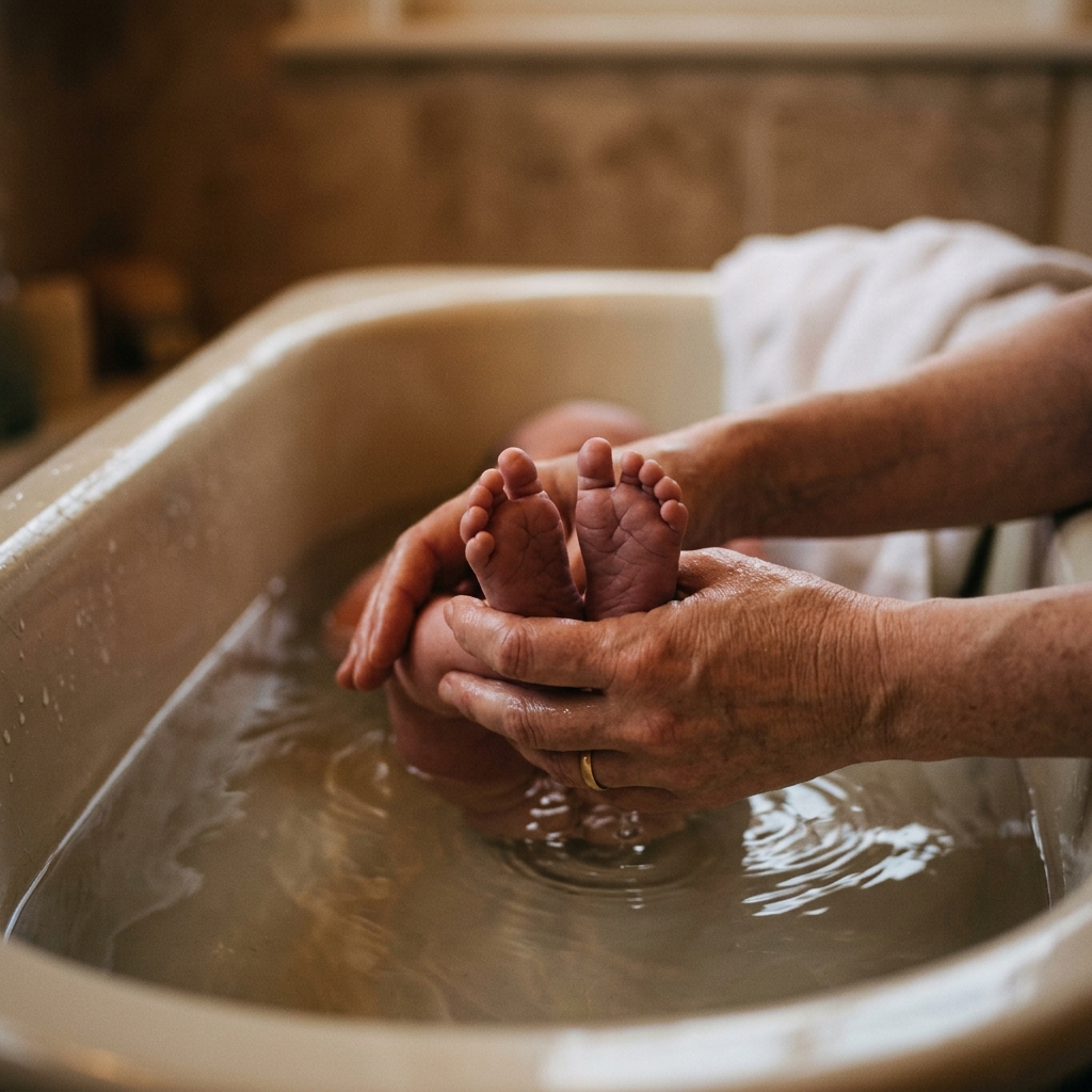 A close-up of a parent's hands gently holding a baby's feet in a calm, warm bath, suggesting an evening routine.