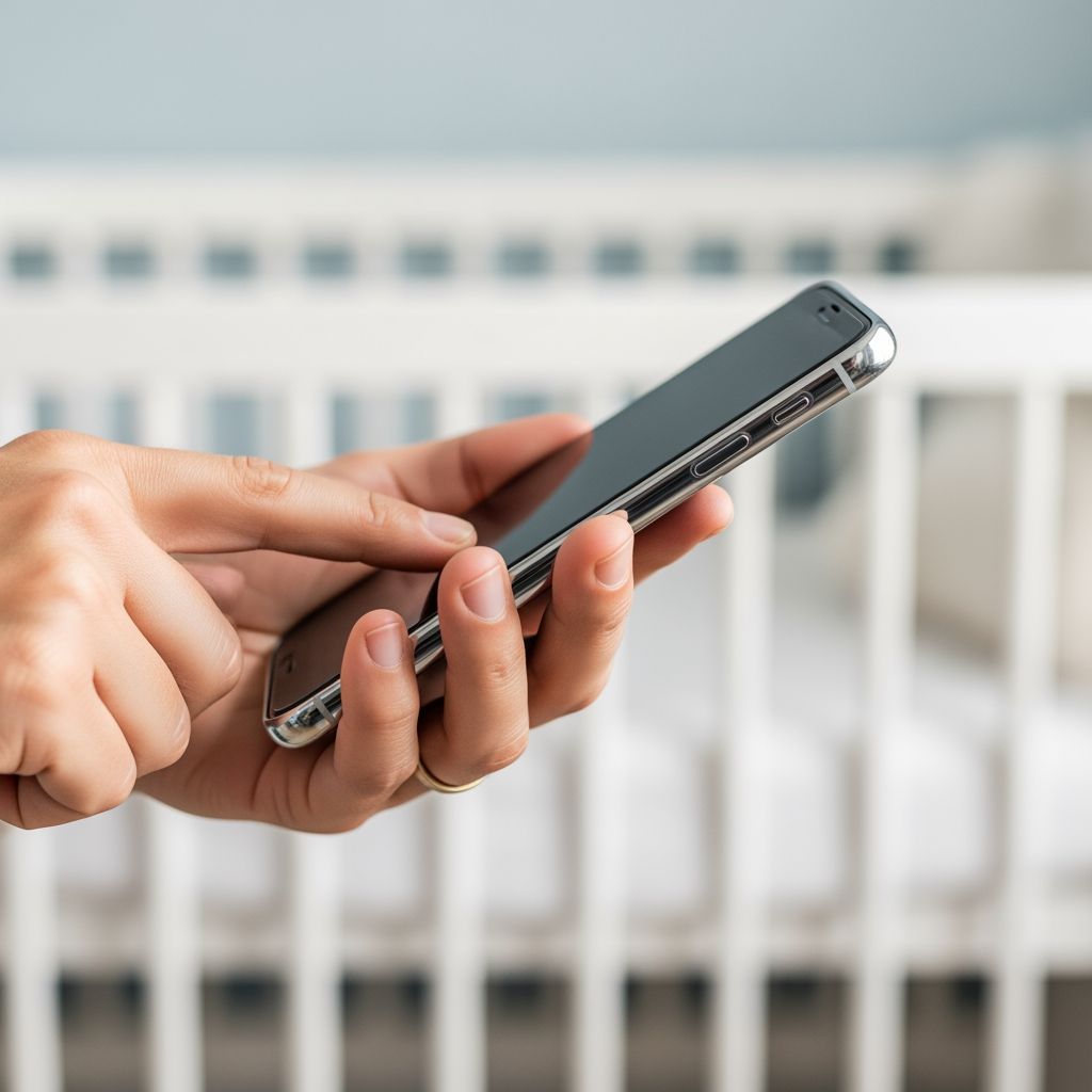 A close-up of a parent's thumb about to tap a smartphone, symbolizing data entry for an app like Huckleberry.