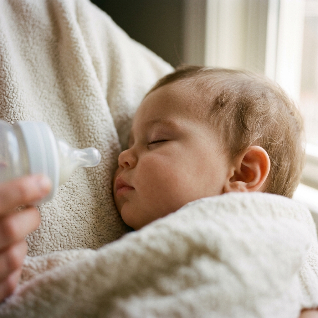 A close-up of a sleeping baby's face turning away from a baby bottle, indicating they are not hungry.