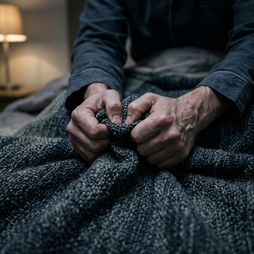 A close-up of hands tightly gripping a blanket, symbolizing the physical tension of anxiety that disrupts sleep.
