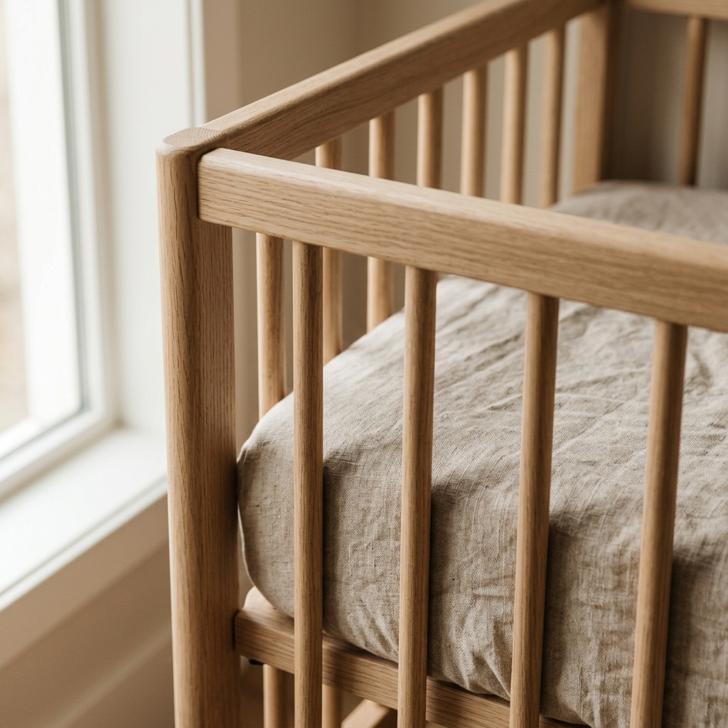 A close-up of the corner of a baby's crib, focusing on the sheet and wooden bars, suggesting a careful examination of the sleep environment.