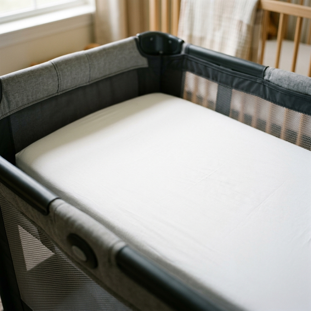 A close-up of the corner of a pack 'n play, showing a crisp white fitted sheet pulled taut over the firm, flat mattress surface.