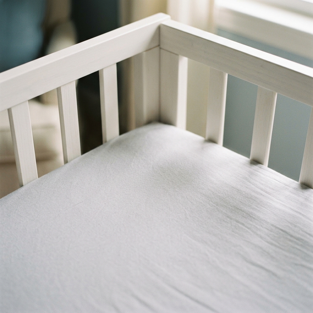 A close-up of the inside of a safe baby crib, showing only a firm mattress and a fitted sheet.