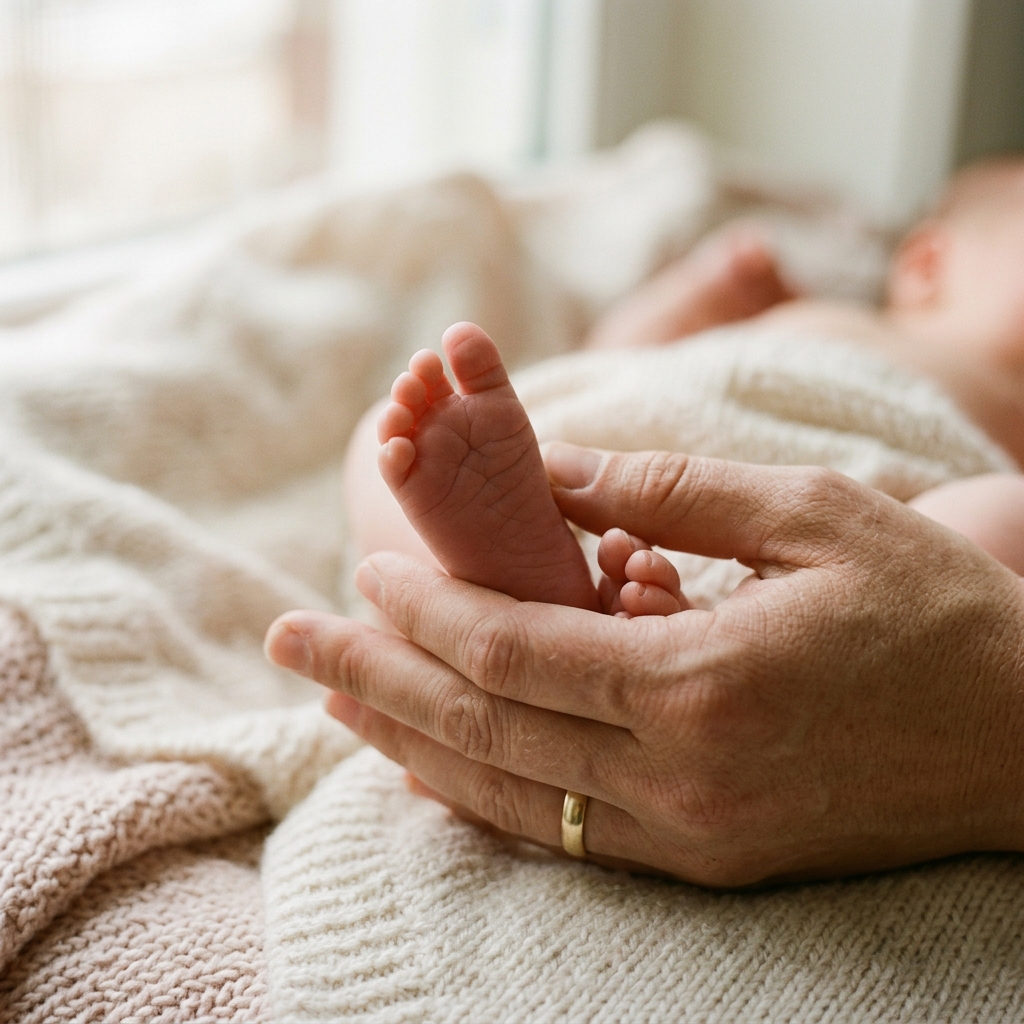 A close-up photo of a parent's hand gently holding a sleeping baby's small foot.