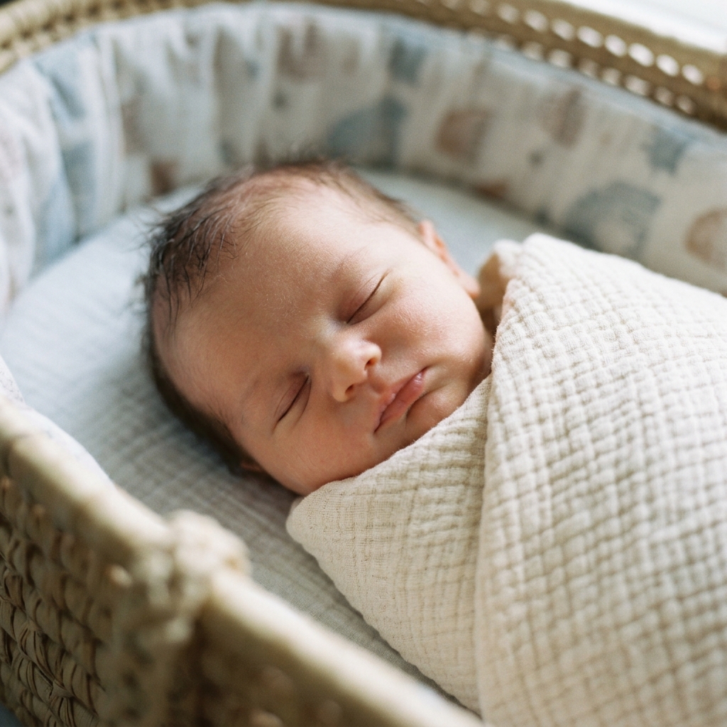 A close-up shot of a swaddled newborn baby sleeping peacefully.