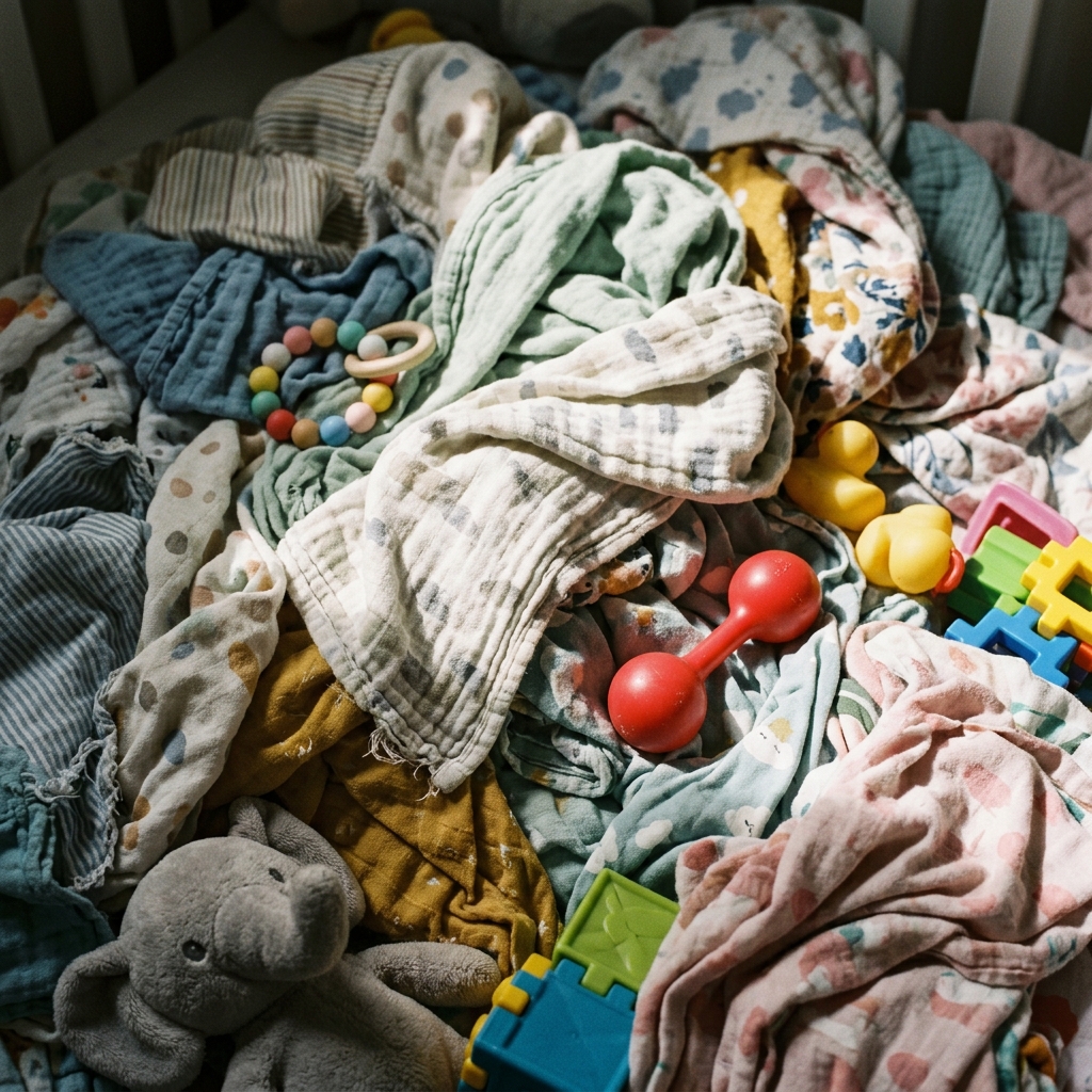 A close-up shot of a tangled, messy pile of baby blankets and toys, symbolizing confusion and a low-quality program.