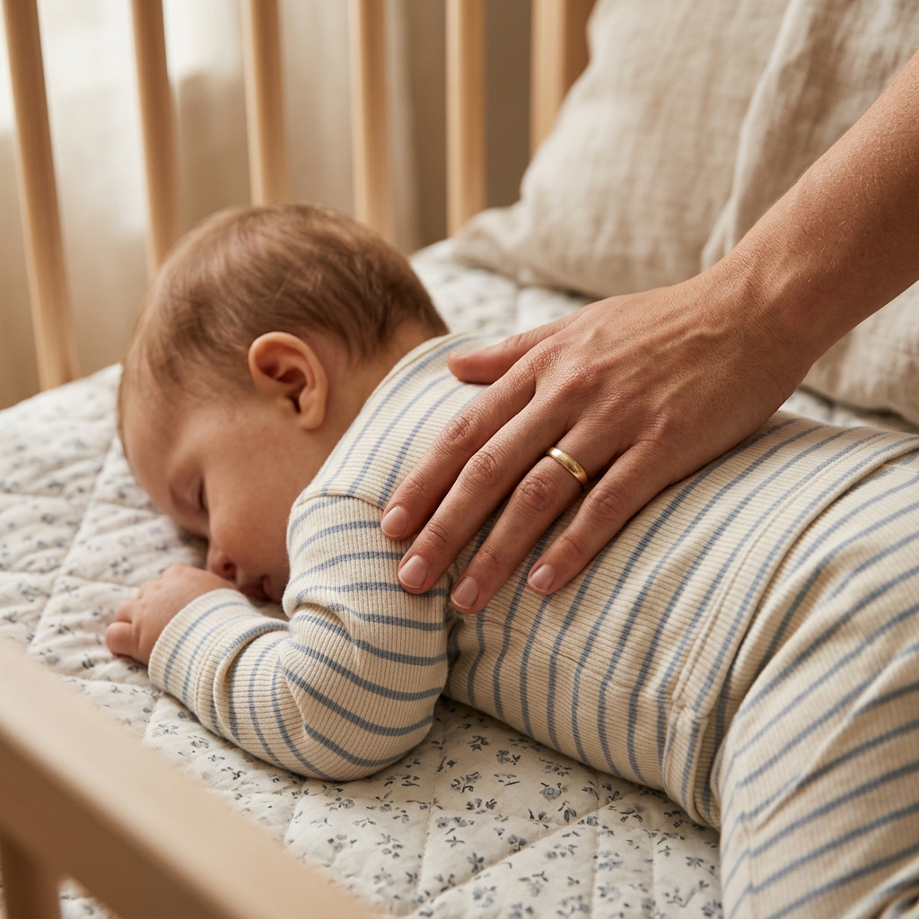A close-up view of a parent's hand gently resting on their baby's back, providing comfort.