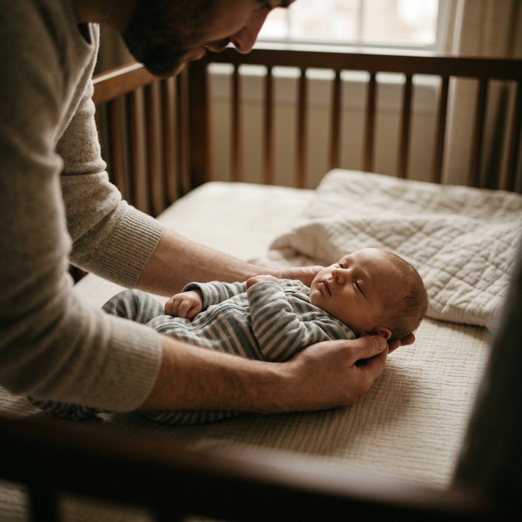 A close-up view of a parent's hands gently placing a calm baby into their crib.