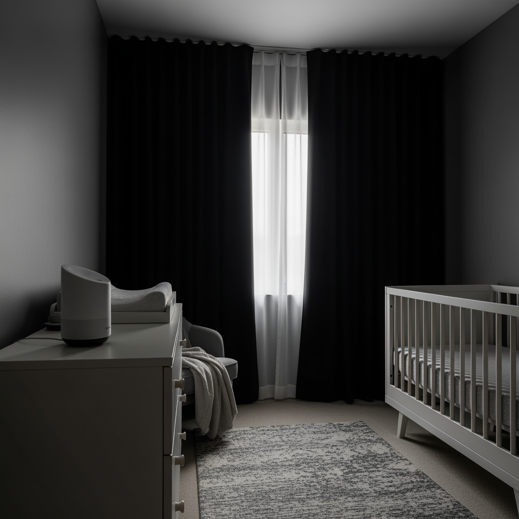 A dark nursery with blackout curtains and a white noise machine, creating the perfect environment for a baby's nap.