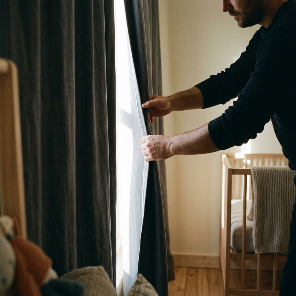 A father's hands pull a blackout curtain closed over a window in a nursery, leaving only a sliver of bright daylight.