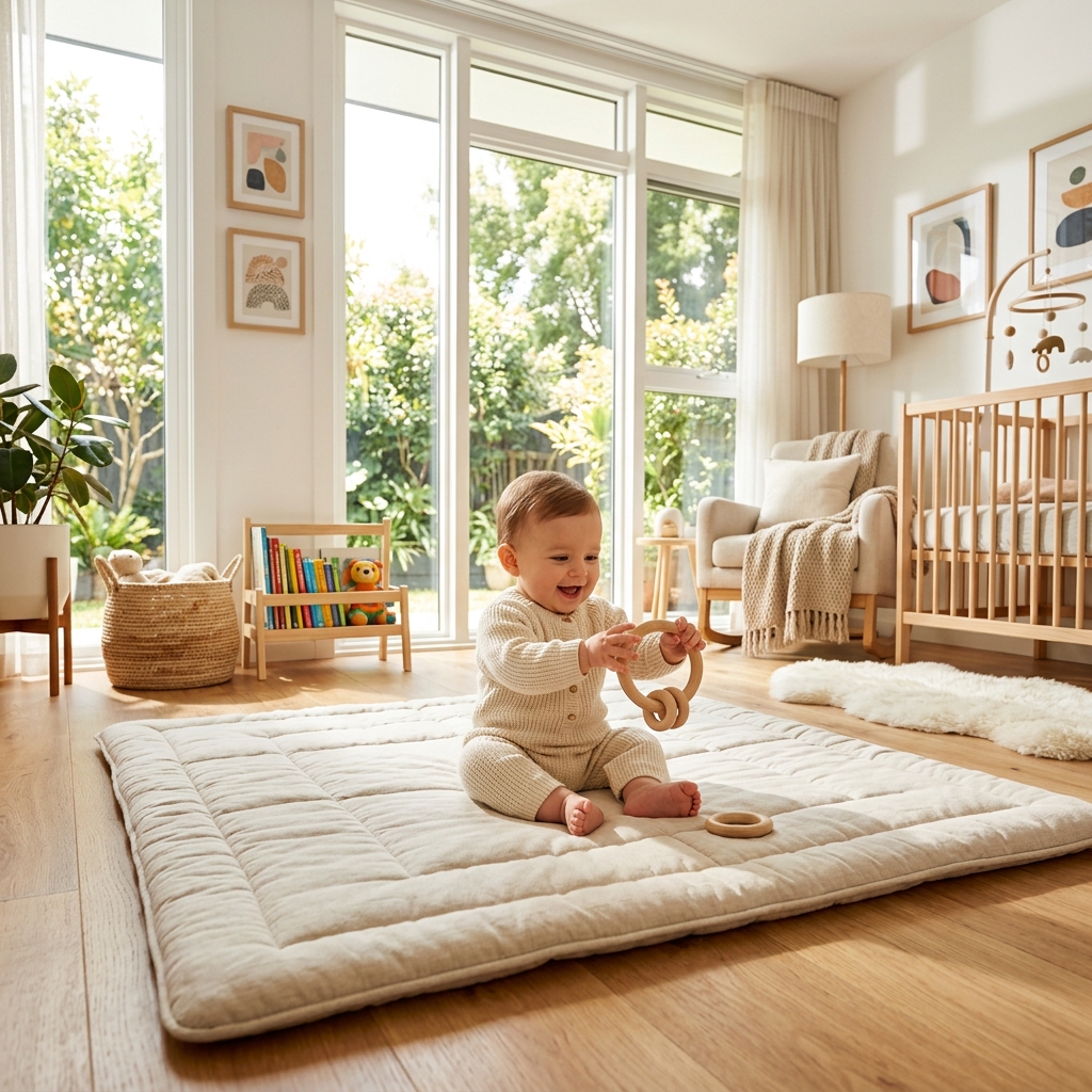A happy baby plays on a mat in a bright, sunlit room, representing a healthy daytime routine.