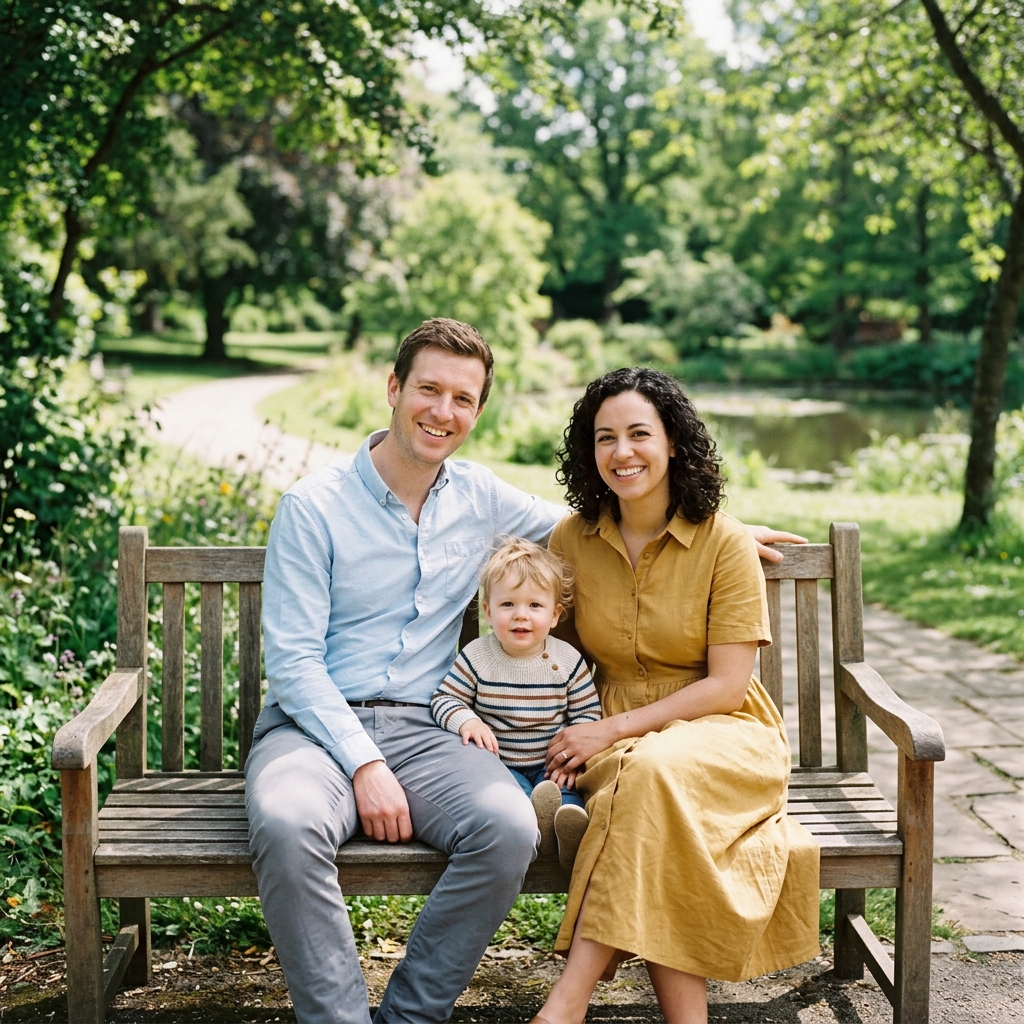 A happy family with a toddler sits on a park bench, relaxed and smiling, enjoying their vacation destination together.