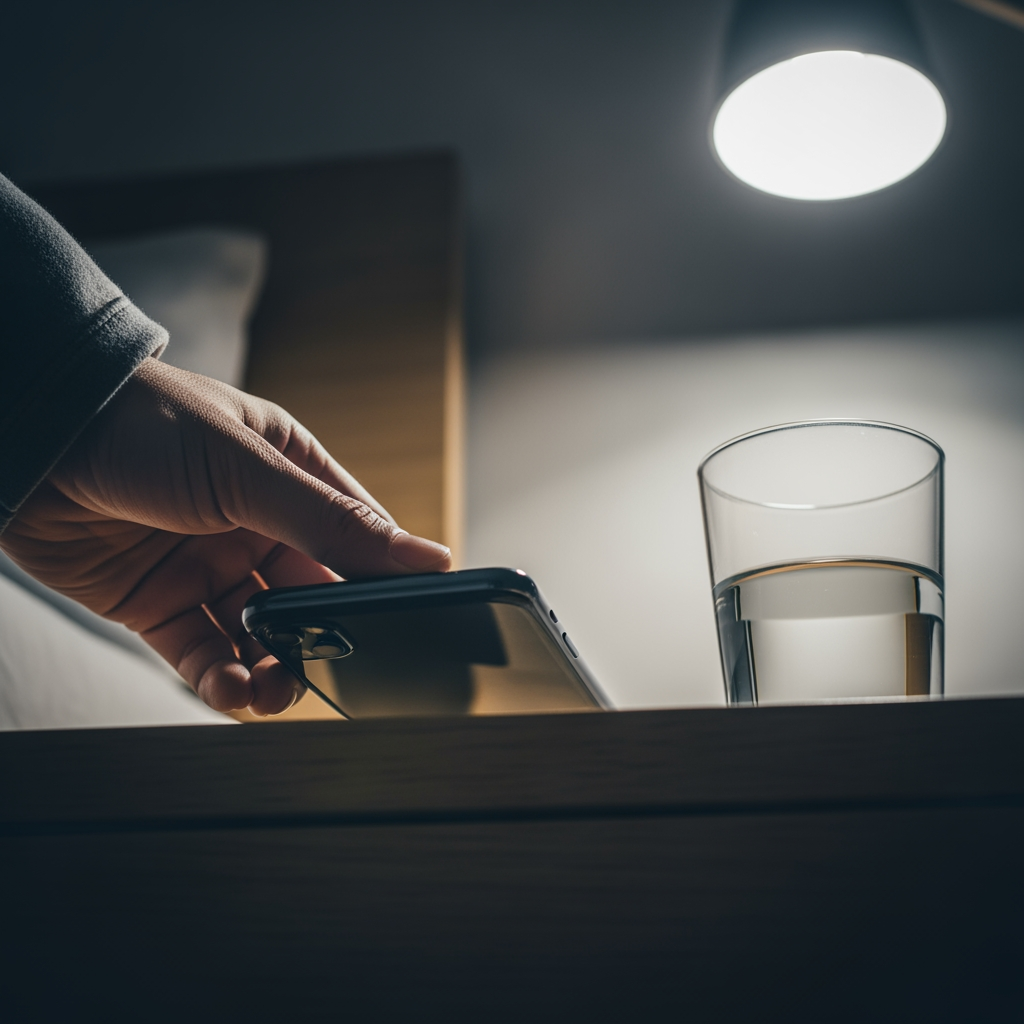 A low-angle shot of a hand placing a smartphone face down on a nightstand, symbolizing data privacy and security.