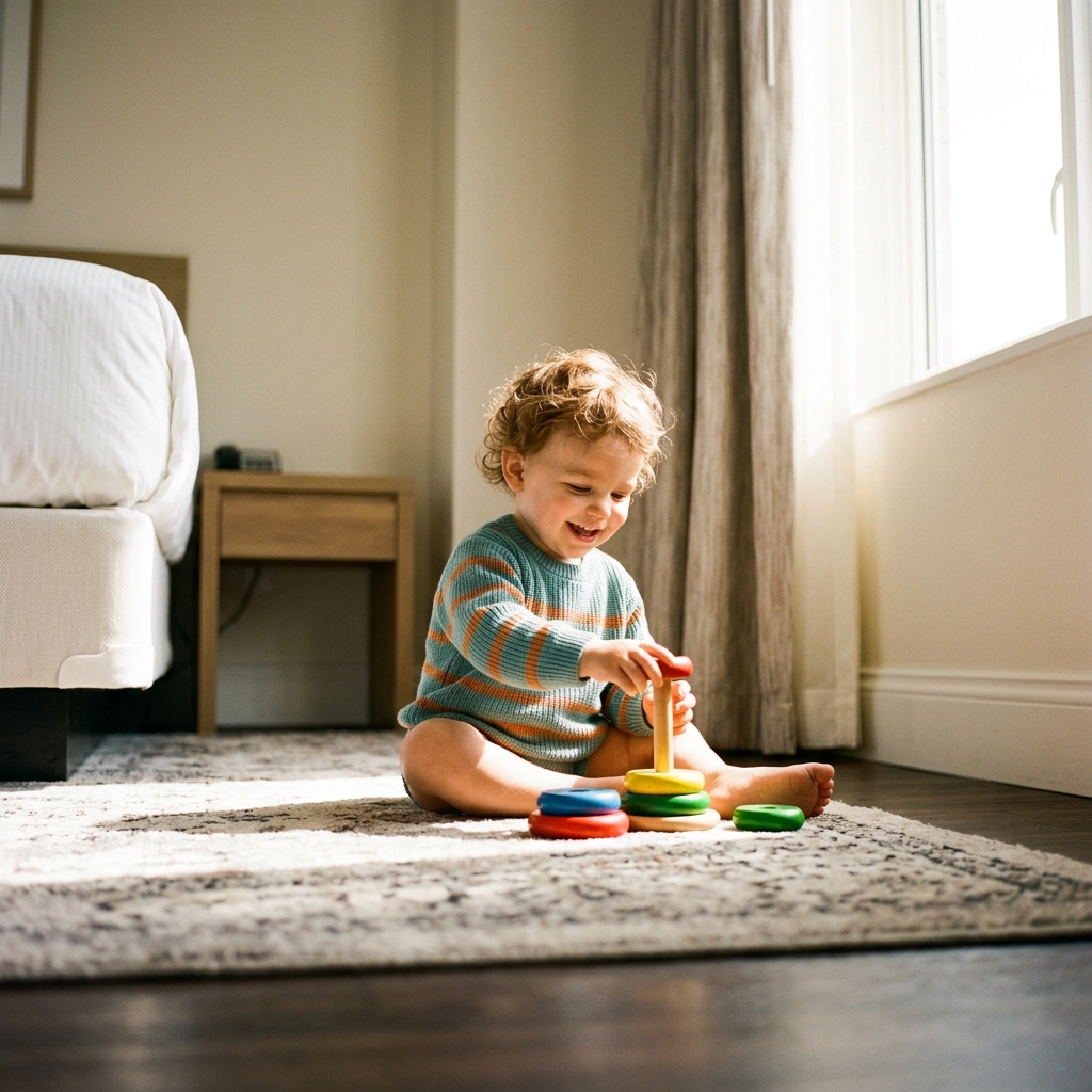 A low-angle shot of a happy toddler playing with colorful wooden rings on the floor of a sunlit room.