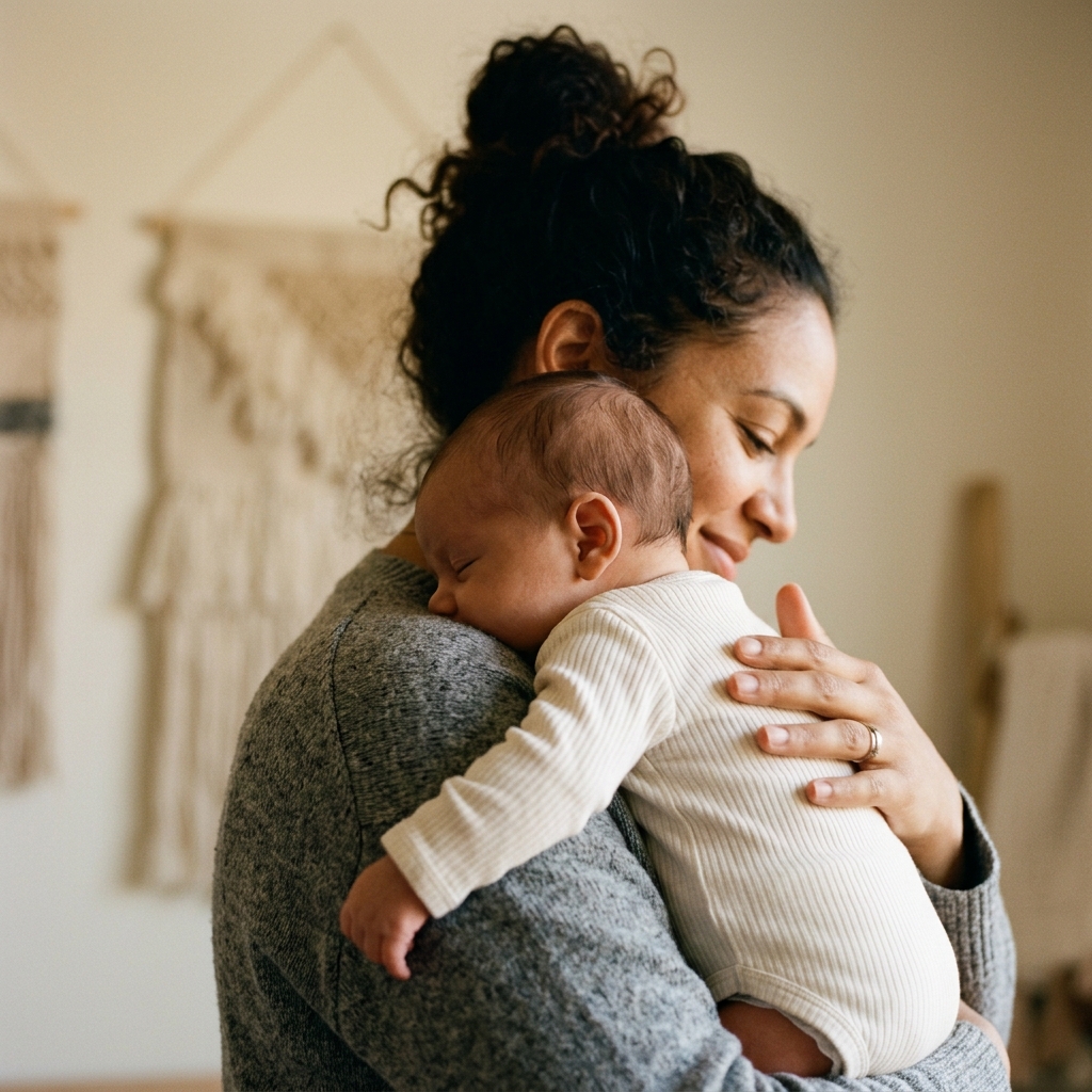 A low-angle view of a parent holding a baby close to their shoulder, gently patting their back.