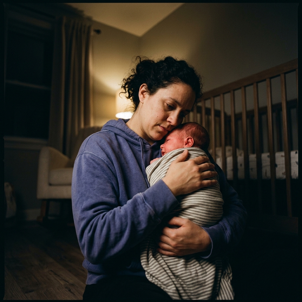 A low-angle view of a parent holding and comforting their baby in a dimly lit room at night.