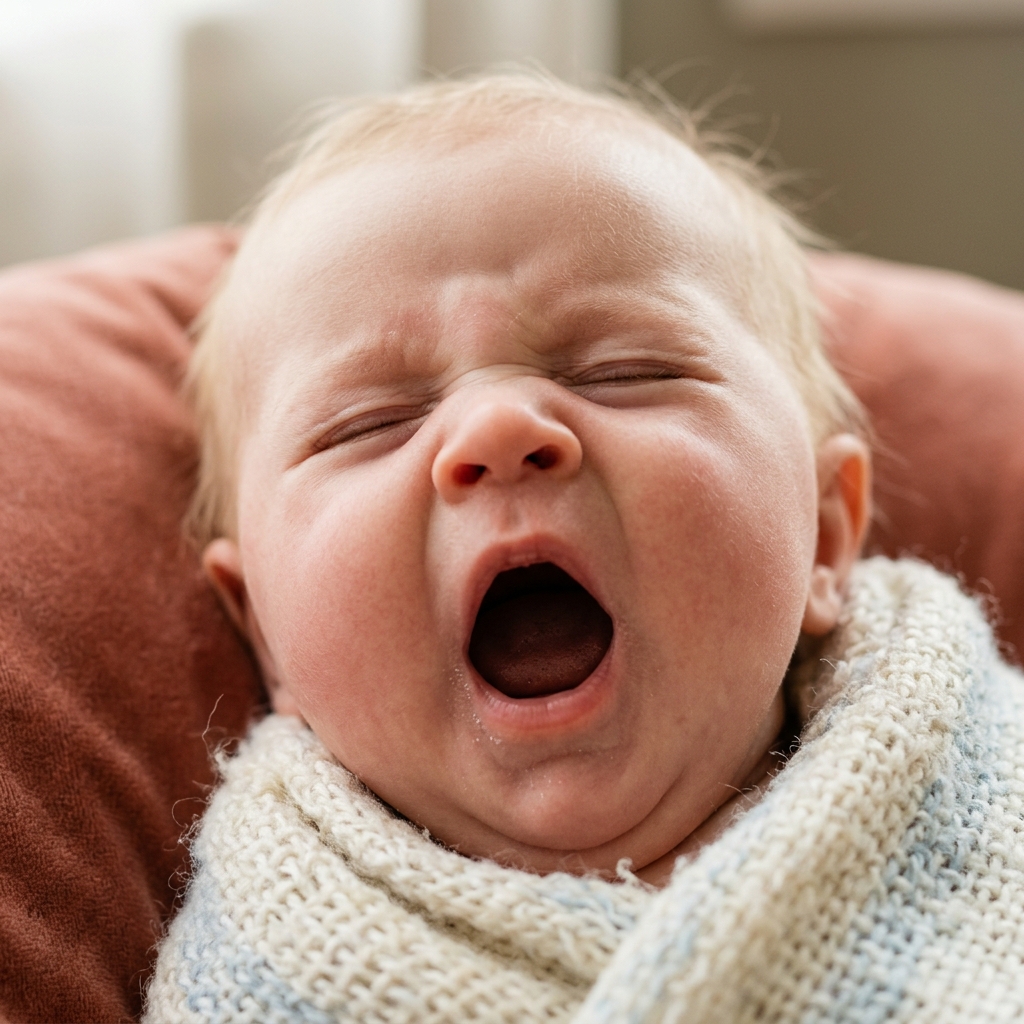 A macro close-up of a baby's face as they let out a big yawn, a clear sleepy cue.