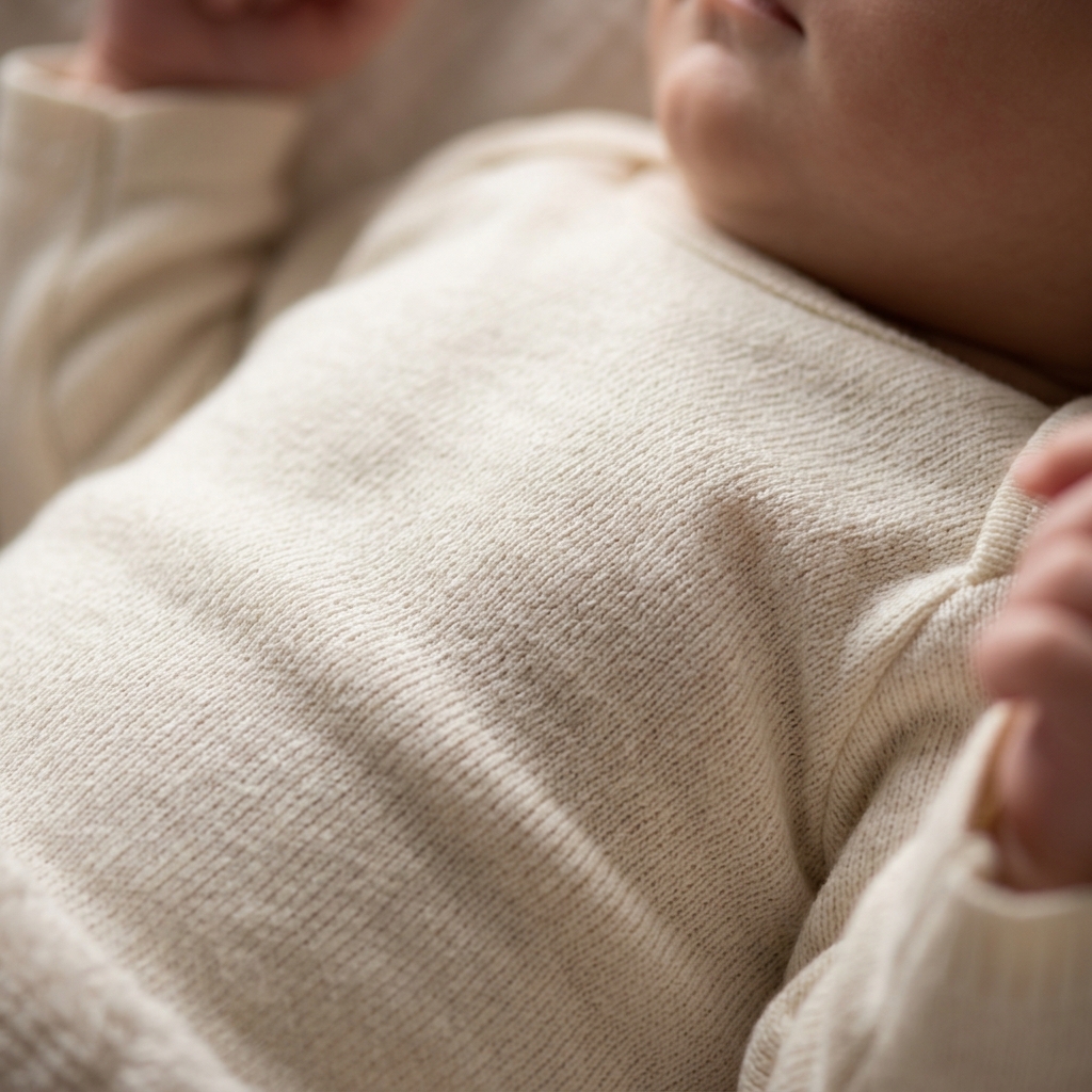 A macro close-up shot of the soft texture of a sleeping baby's clothing as their chest gently rises and falls.