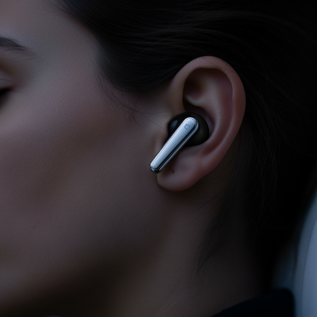 A macro photo of a wireless earbud in a person's ear, suggesting they are listening to an AI sleep coach.