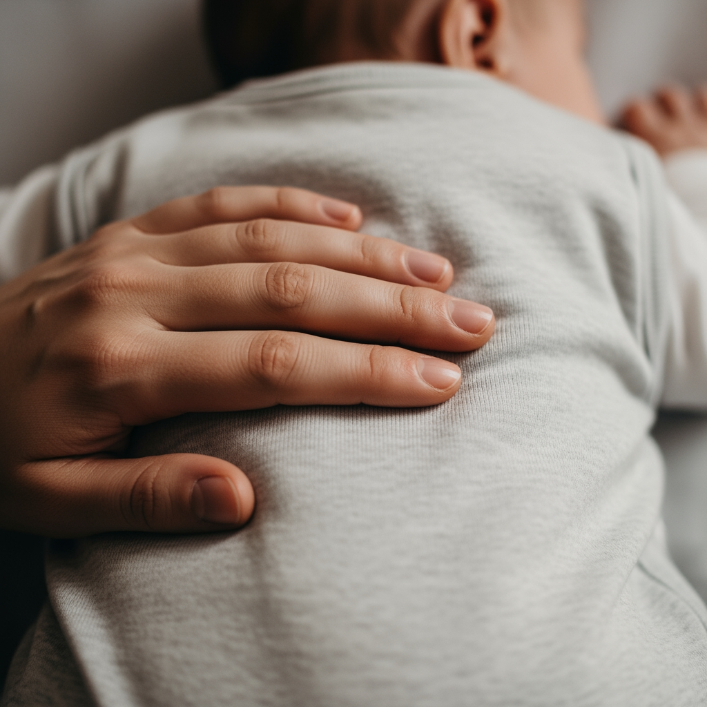A macro photo showing a parent's hand gently resting on their baby's back to provide comfort.