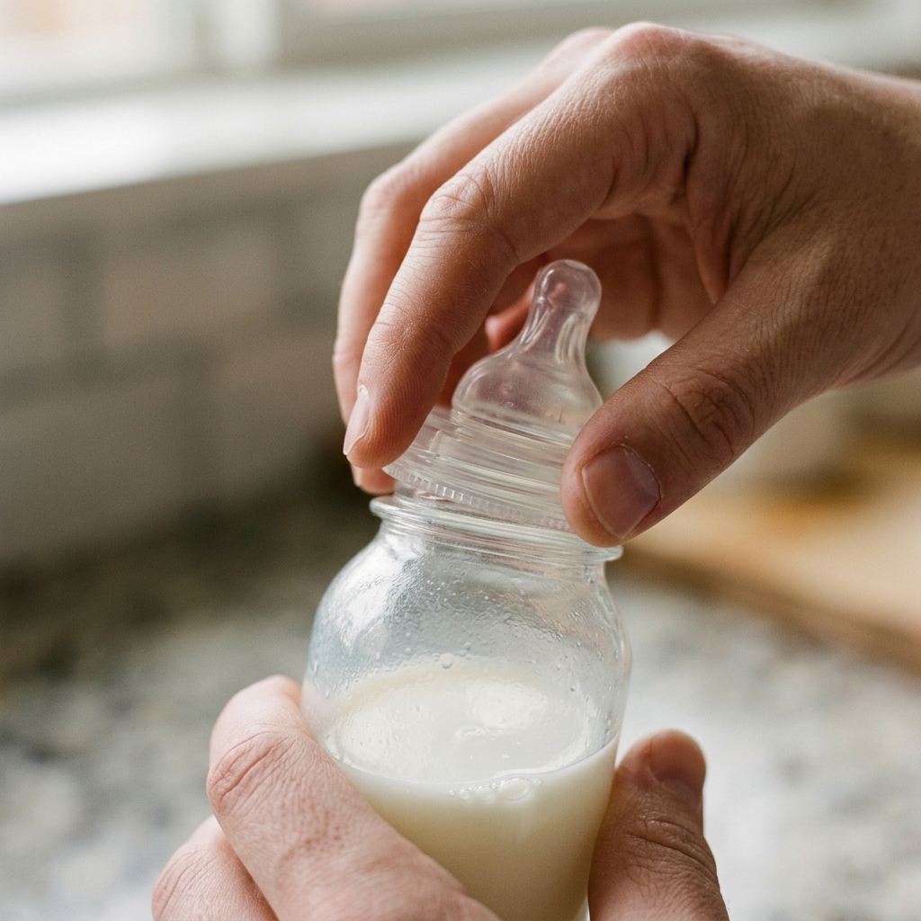 A macro shot of a parent's hands carefully preparing a baby bottle in a kitchen, representing a planned feeding method.