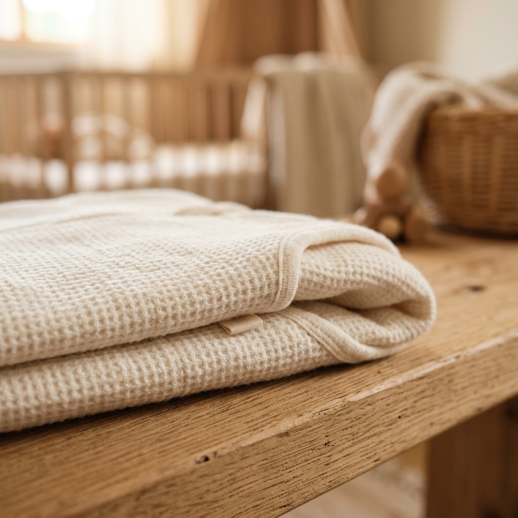 A macro shot showing the soft texture of a folded baby sleep sack, ready for bedtime.