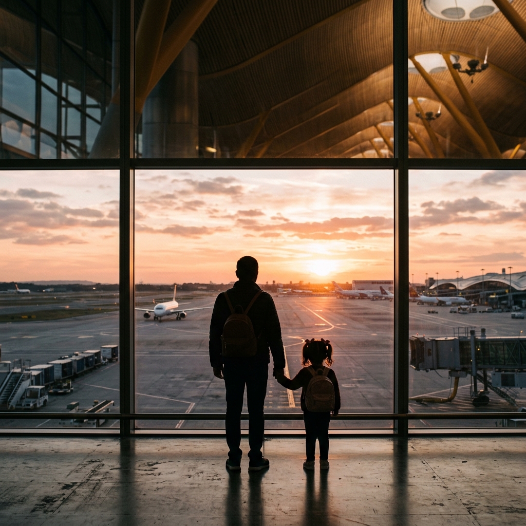 A parent and child stand in silhouette before a large airport window, watching a vibrant sunset over the airfield.