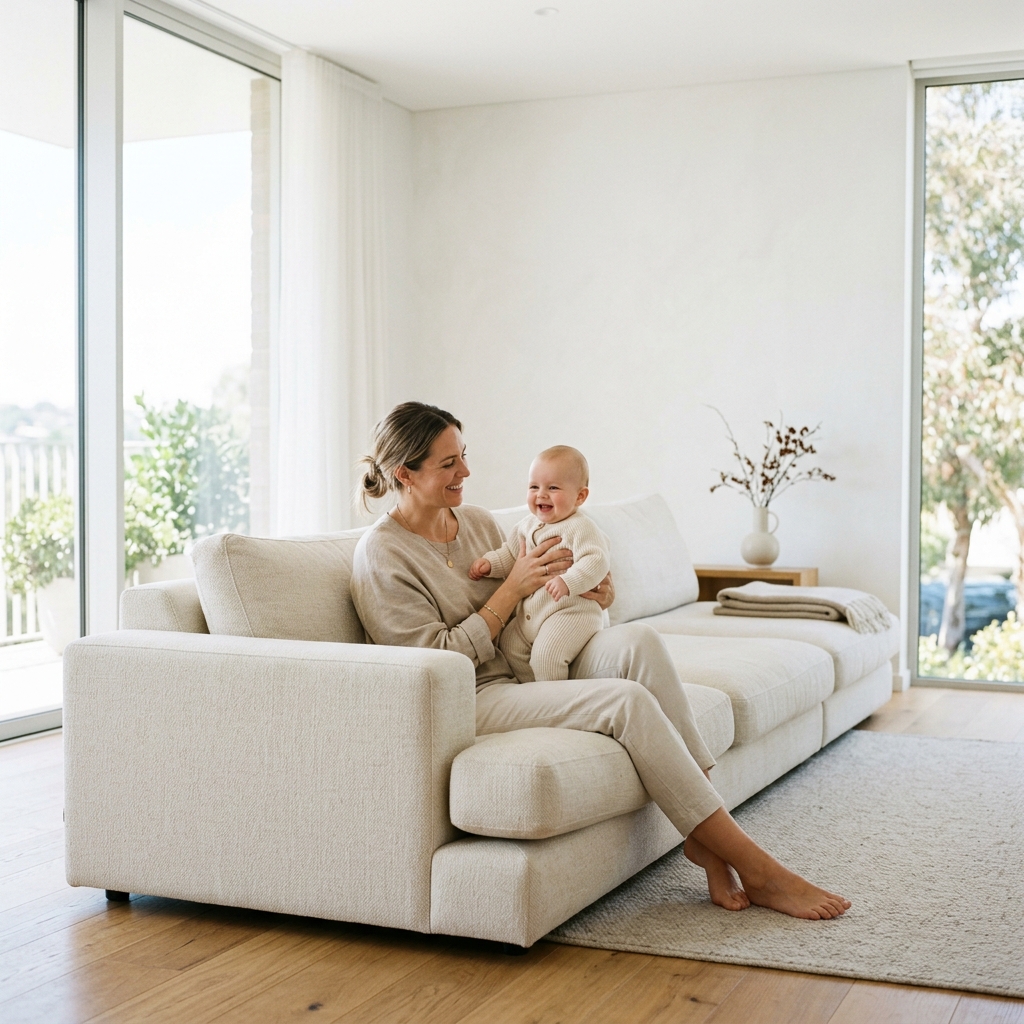 A parent and happy baby sit on a sofa in a bright, airy living room, representing a peaceful routine.