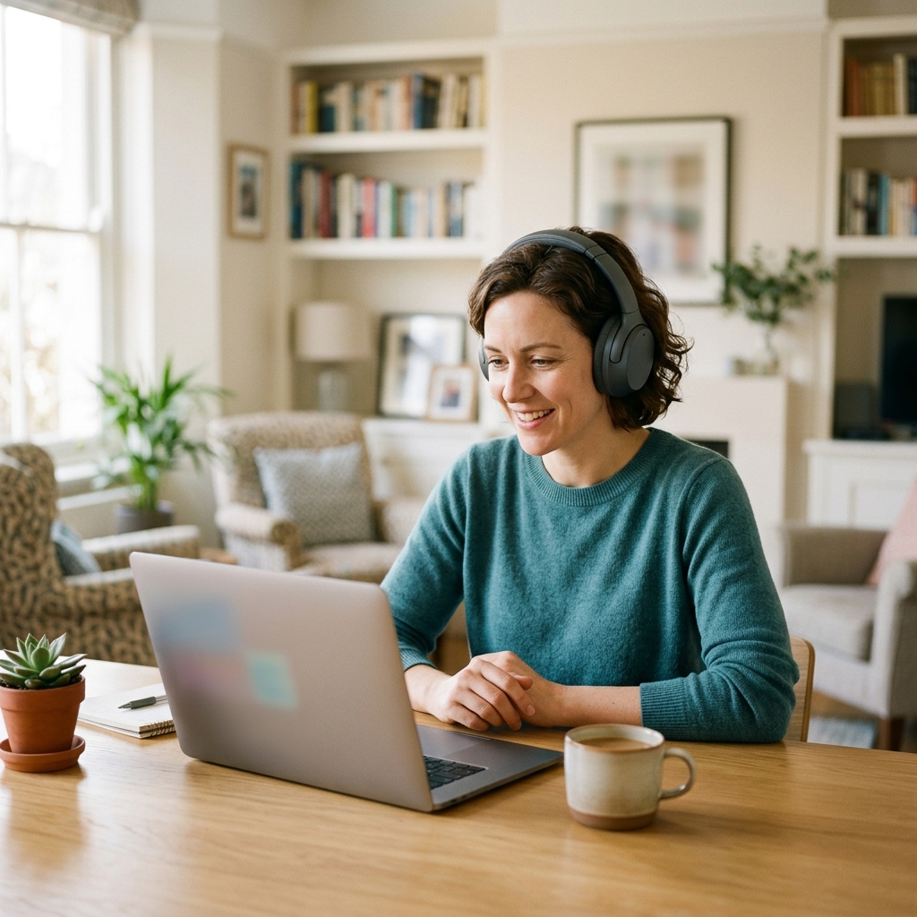 A parent at a desk, engaged in a positive video call on a laptop, illustrating 1:1 virtual coaching.