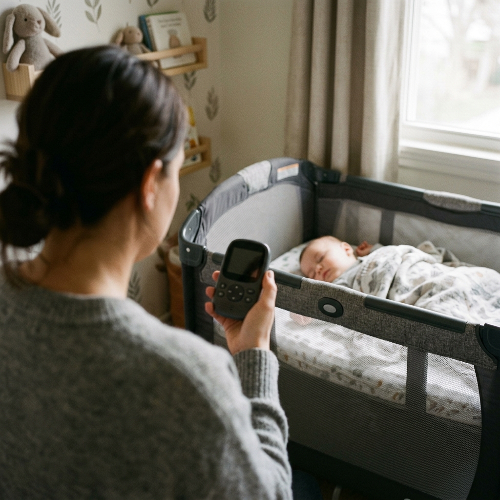 A parent calmly looks at a baby monitor while their baby sleeps peacefully in a pack 'n play in the background.