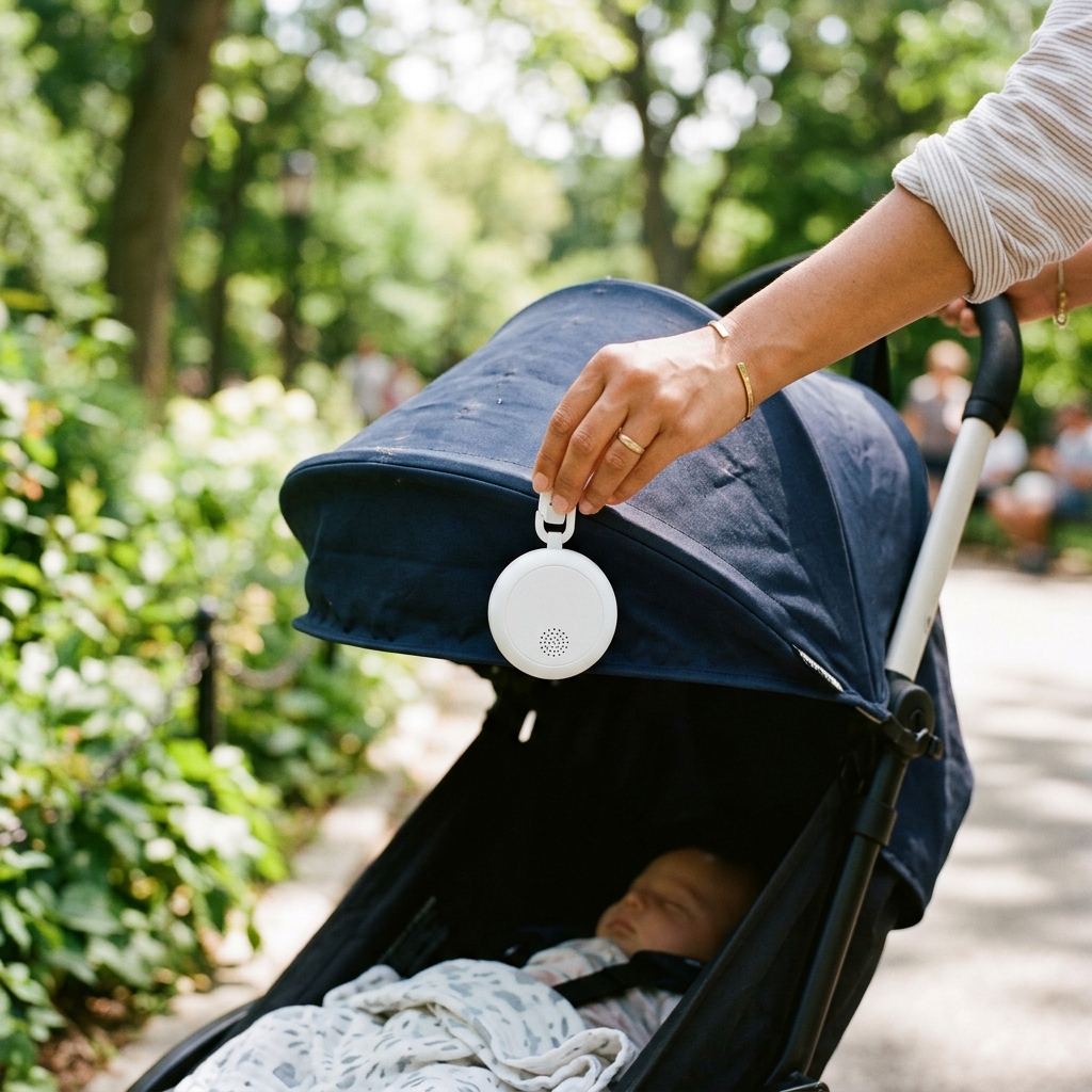 A parent clips a portable sound machine to a baby stroller canopy, demonstrating its on-the-go use.