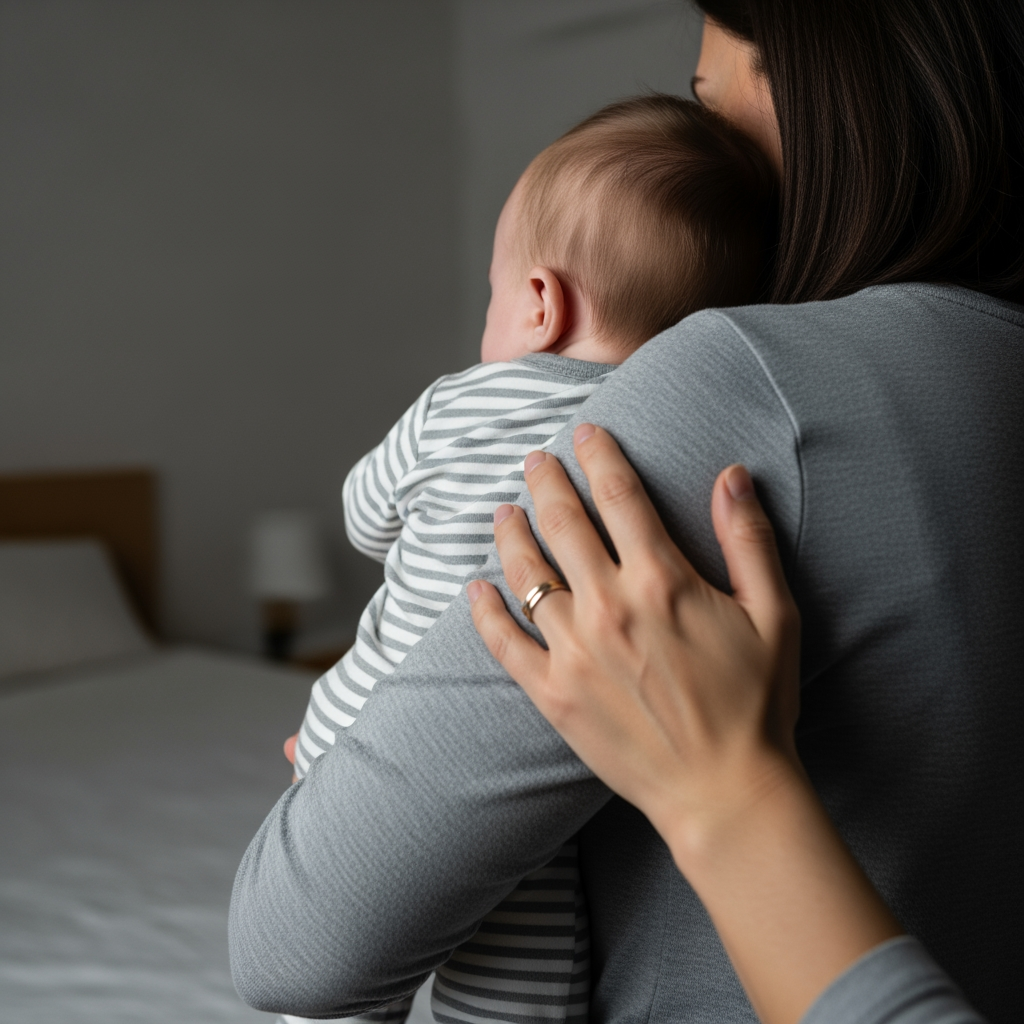 A parent gently comforts a fussy baby at night, showing a supportive way to handle sleep regressions or illness.
