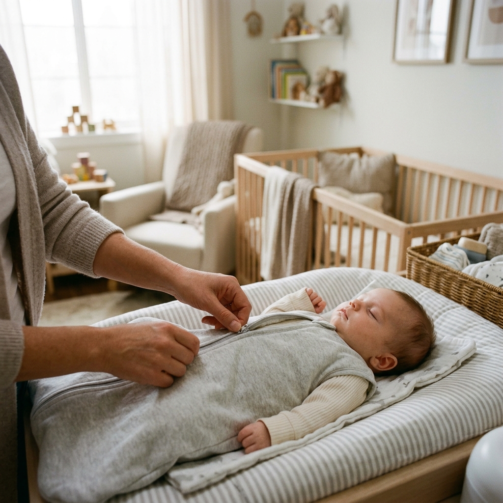 A parent gently dresses a baby in a lightweight wearable sleep sack, the correct attire for safe sleep.
